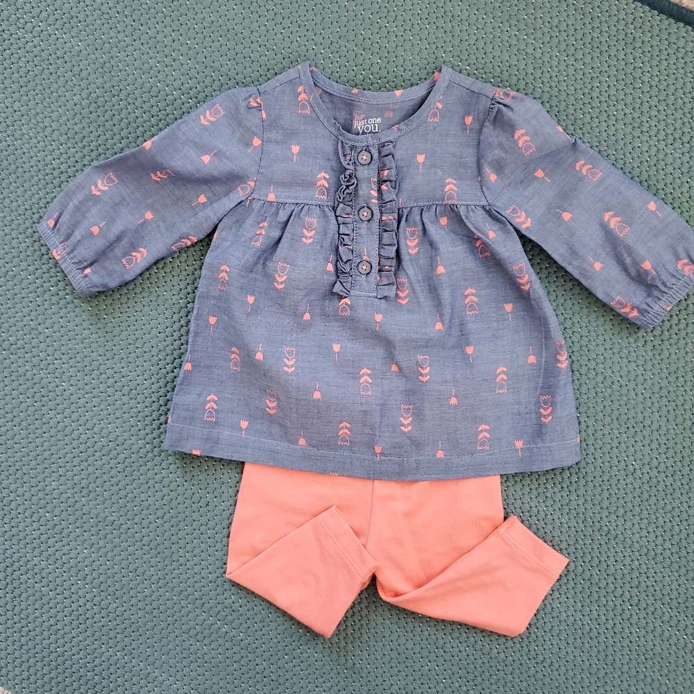 Denim blouse and coral pink leggings baby outfit